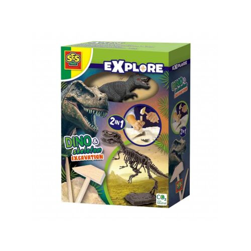 SES Explore Dino és csontváz ásatás 2in1 - T-Rex, dinoszaurusz ásó készlet T-Rex csontvázzal és figurával - Tudományos és felfedező játék
