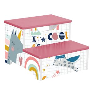 GINGER HOME Scaun pentru Copii, Scară cu 2 Trepte, Roz, SUPER GIRL, Design cu Unicorn și Pisică - Interpreți