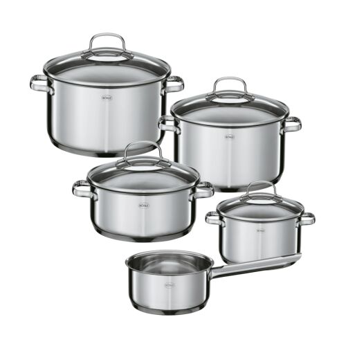 Rösle Elegance 5-teiliges Kochgeschirr-Set aus Edelstahl, einschließlich Töpfen und Pfannen mit Deckeln