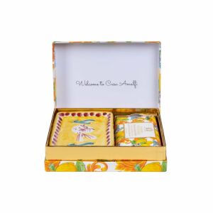 Ajándék szett kézzel készített szappanból és kézzel festett szappantartóból Casa Amalfi, Buongiorno Positano, citrom és lime virágjegyek, vegán, jojobaolaj, shea vaj, finoman tisztítja a bőrt