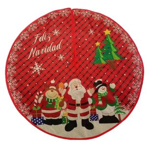 Piros és fehér karácsonyfa szoknya Mikulással, hóemberrel és rénszarvassal, 90 cm átmérőjű - Karácsonyfa talp