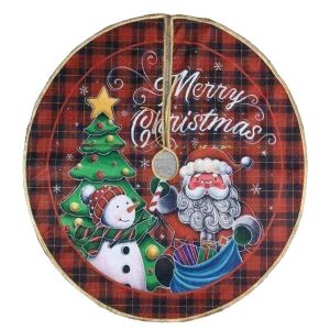 Karácsonyfa szoknya Mikulással, hóemberrel és karácsonyfa mintával, piros-fekete kockás, arany szegéllyel, Merry Christmas felirattal - Karácsonyfa talp