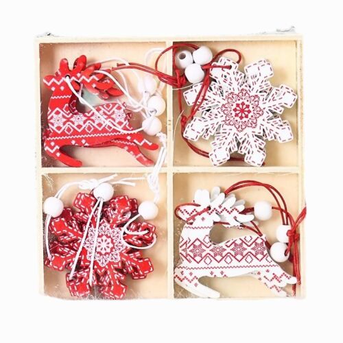 12 darabos karácsonyi fa dísz készlet, piros és fehér rénszarvas és hópehely mintával, KeepHome márka