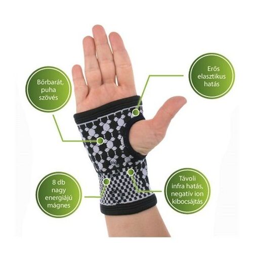 VivaFit mágneses csukló- és kézfejszorító turmalinnal, M méret, kézen viselve