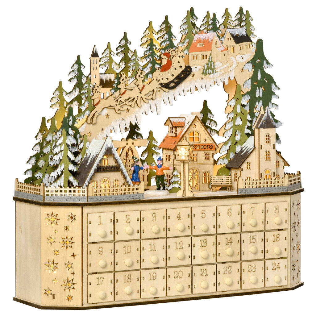 Calendar de Advent cu 24 de sertare și lumini LED, 45x13x43 cm