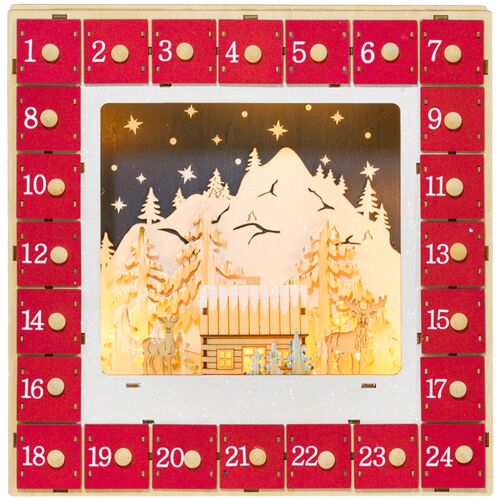 Calendar de Advent, 24 de buzunare, cu lumini LED, MDF, 34 x 7 x 34 cm, roșu 114845648