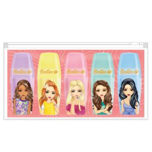 Set de 5 markere mini Besties într-o cutie, 5 markere colorate cu modele drăguțe de fete, perfect pentru școală sau acasă - Grafix