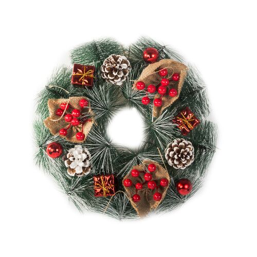 Adventi karácsonyi koszorú 30cm fenyőtobozokkal, piros bogyókkal és ajándékdoboz díszekkel