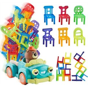 Autós székpakolós ügyességi társasjáték - építs széktornyot a mozgó kisautóra