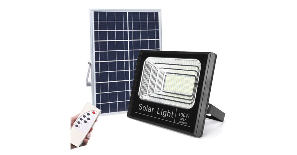 Solarlampe zur Montage in der Garage, unter dem Dachvorsprung oder auf der Terrasse - 100W LED-Außenstrahler mit separatem Solarpanel und einstellbarem Neigungswinkel 114866896