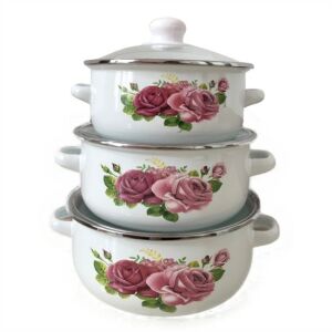 6-teiliges Retro-Kochgeschirr-Set – traditionelle Emaille-Töpfe mit transparenten Deckeln und aufgemaltem Rosenmuster 114866898 - Koch- & Backgeschirr