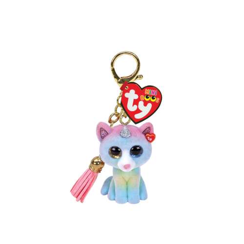 TY Mini Boos HEATHER egyszarvú macska kulcstartó, egy aranyos és színes plüss kulcstartó arany kulcskarika és rózsaszín rojttal