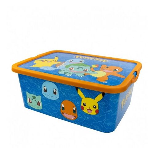 Pokémon 13L tároló doboz, kék színű, narancssárga fedéllel és Pokémon karakterekkel 