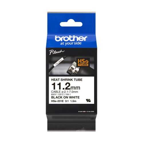 Brother HSe-231E 11.2mm Black on White Heat Shrink Tube Label Tape Cassette Packaging