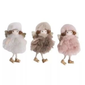 Set aus drei hängenden Engel-Weihnachtsornamenten mit Pelzkleid und goldenen Flügeln, 12 cm - Weihnachten