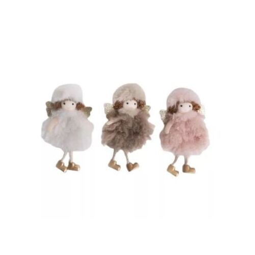 Set aus drei hängenden Engel-Weihnachtsornamenten mit Pelzkleid und goldenen Flügeln, 12 cm