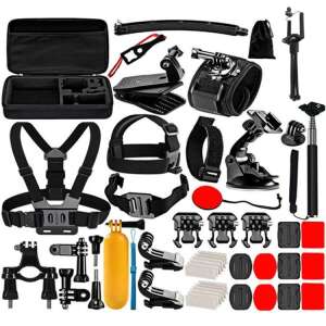 Puluz 50 in 1 Action Camera Accessory Kit, includes mounts, straps, tripod, selfie stick, and carrying case - Action Camera Accessory