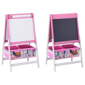 GINGER HOME 3 în 1 Şevalet de desen pentru copii cu tablă neagră, tablă albă și rolă de hârtie, design SUPER GIRL, roz și alb - Table de scris si desenat