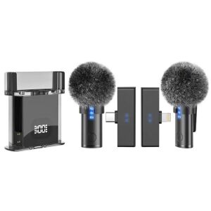 Set 2 Microfoane Lavaliera Profesionale CRISTALIS SALE™,  Cu Accesorii Full, Design Unic Cu Magnet, Mufe Type C si Lightning , Reducere zgomot DSP, Afisaj Digital, 15h functionare, Compatibil 114971335