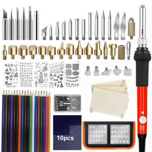 Set de ardere a lemnului cu 69 de piese, inclusiv un stilou de ardere a lemnului, vârfuri, șabloane, creioane colorate și o placă de lemn - Mașini de lipit