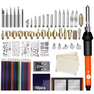 Set de ardere a lemnului cu 69 de piese, inclusiv un stilou de ardere a lemnului, vârfuri, șabloane și creioane colorate - Mașini de lipit