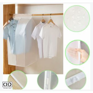 Колаж, показващ торбичката за дрехи в употреба, с детайли отблизо на ципа, велкрото и водоустойчивия материал, марка ORIGINAL DEALS - Съхранение и сортиране