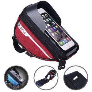 Водоустойчива чанта за велосипед KeepHome с калъф за телефон, червена, колаж с примери за употреба - Аксесоари за велосипеди