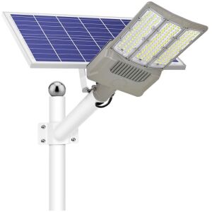 Lampa solara stradala KipHome, pentru curte sau strada, cu trei grile, finisaj mat, rezistent la apa, montare prin fixare, senzor lumina, baterie de litiu, IP65, lumina rece, putere 1000W, au 114975573 - Lămpi stradale