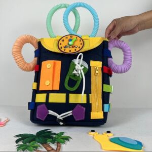 Montessori Foglalatos Hátizsák Kisgyermekeknek, KeepHome, órával, Gombokkal, Cipzárokkal, Csipkékkel, Szenzori Játékokkal, Tanulási Tevékenység, Tengeri Kék - Óvodai kellék