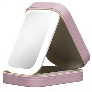 Rózsaszín LED sminktükör beépített tárolóval - Kozmetikai rendszerező