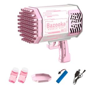 KeepHome szappanbuborék pisztoly, 69 lyuk, színes fények, tálca, folyadék, lítium akkumulátor, töltőkábel, 24 cm x 14 cm x 24 cm, rózsaszín