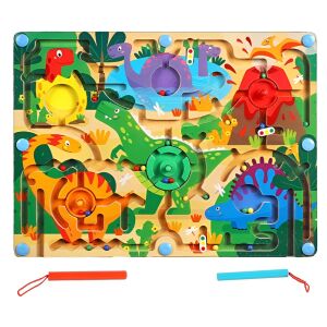 Montessori színválogató játék, KeepHome, mágneses ceruza, illusztrált labirintus típus, fa, dinoszaurusz modell, 39x29x1,5 cm