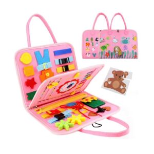 Carte de activități Montessori roz, cu diverse activități pentru bebeluși, inclusiv un ceas, fermoar, nasturi, șireturi și un puzzle cu urs - Jocuri de dezvoltare pentru copii mici