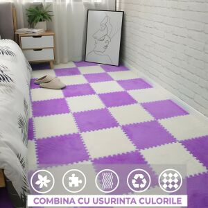 Lila és fehér színű puzzle szőnyeg csempék, KeepHome, 10 darabos, puha, 30x30x1 cm, gyerekszoba, nappali, hálószoba - Szivacs puzzle