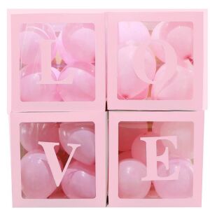 KipHome Set 4 Cutii Baloane Love, Contur Roz, Decoratiuni Petrecere - Accesorii pentru petrecere