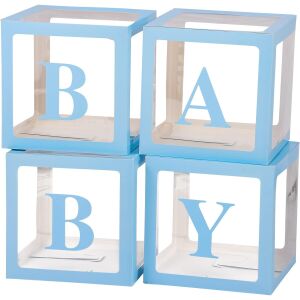 Set de 4 cutii pentru baloane KeepHome Baby, transparente cu contur albastru, 30x30cm - Baloane