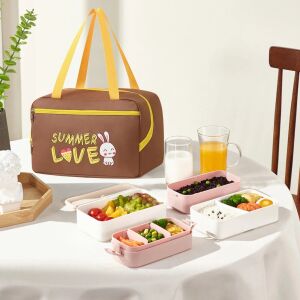 KeepHome hőszigetelt ebédtáska nyuszi mintával, barna sárga díszítéssel, telefon és evőeszköz rekeszekkel, tökéletes iskolába vagy munkába - Uzsonnás táska