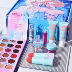 Kevin&Coco sminkkészlet, 30 szín, szemhéjpúderek, folyékony kiemelők, szájfények, pirosító, csillogó, hókirálynő modell, 24,5x21,2x8,7 cm, többszínű