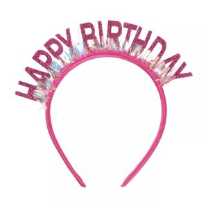 Bentiță roz Happy Birthday cu sclipici, KeepHome, Accesoriu pentru petrecerea de ziua de naștere - Accesorii pentru petrecere