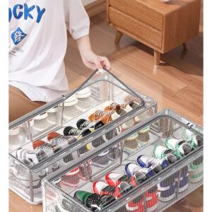 Cipőtároló doboz, KeepHome, 40x30x15 cm, vízálló PVC hálós és acél váz, összecsukható, kétirányú cipzár, átlátszó