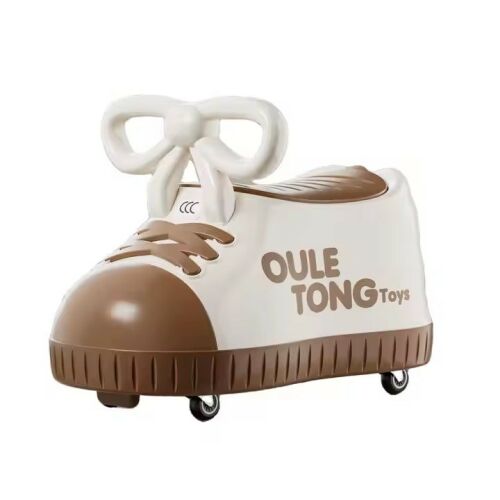 Oule Tong Toys, cipő formájú gyerekjáték, fehér és barna színben, elülső nézet