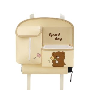 Multifunkcionális tárolótáska, KeepHome, az autó hátsó ülésére, animált, mackós modell, jó napot írt, szalvéta és telefontartó, 25x31 cm, bézs