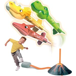 Gyerekjáték, KeepHome, lábfejű rakétavető, egyszeres kilövő, 3 db Donozauri rakéta lámpákkal, 30 cm magas, Vulcan modell, többszínű