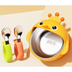 3db változatos babák és gyerekek készlete, KeepHome, tál, kanál és villa, egérmodell, szilikon és rozsdamentes acél, sárga
