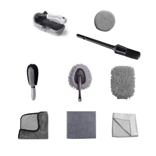 KeepHome autómosó szett, 9 darabos, szürke, tartalmaz keféket, mikroszálas törlőkendőket és szivacsot