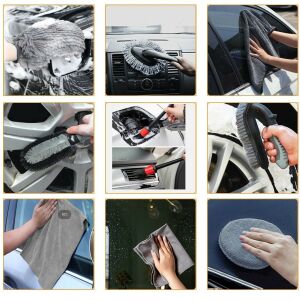 10 részes autómosó készlet, KeepHome, műanyag és mikroszálas, kefék és törlőkendők, C modell, szürke