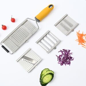 KeepHome Multifunktionsreibe mit austauschbaren Klingen, 4 Klingen, gelber Griff, Reinigungsbürste im Lieferumfang enthalten - Flippy