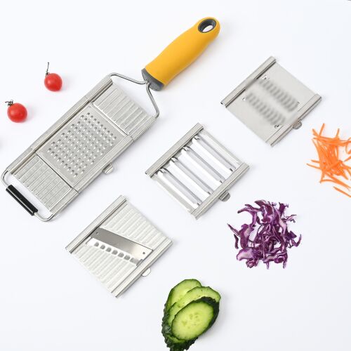 KeepHome multifunkciós reszelő cserélhető pengékkel, 4 penge, sárga fogantyú, tisztító kefe tartozék