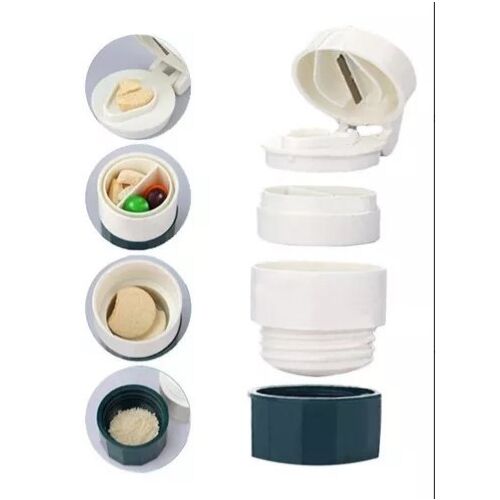 KeepHome wielofunkcyjny krajalnica do tabletek, widok rozstrzelony pokazujący przegródki do cięcia, kruszenia i przechowywania