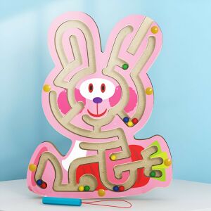 Montessori játék labdákkal, KeepHome, mágneses ceruza, labirintus típusú, fa, nyúl modell, 19,5x15,5 cm, rózsaszín